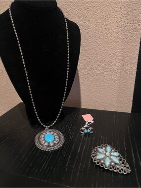 Turquoise Silver-Tone Pendant Necklace and Brooch Set - Women Jewelry